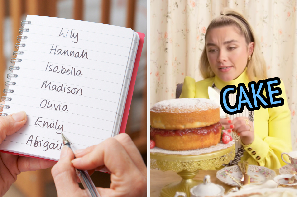 On the left, someone writing names down in a notebook, and on the right, Florence Pugh about to cut into a Victoria sponge cake