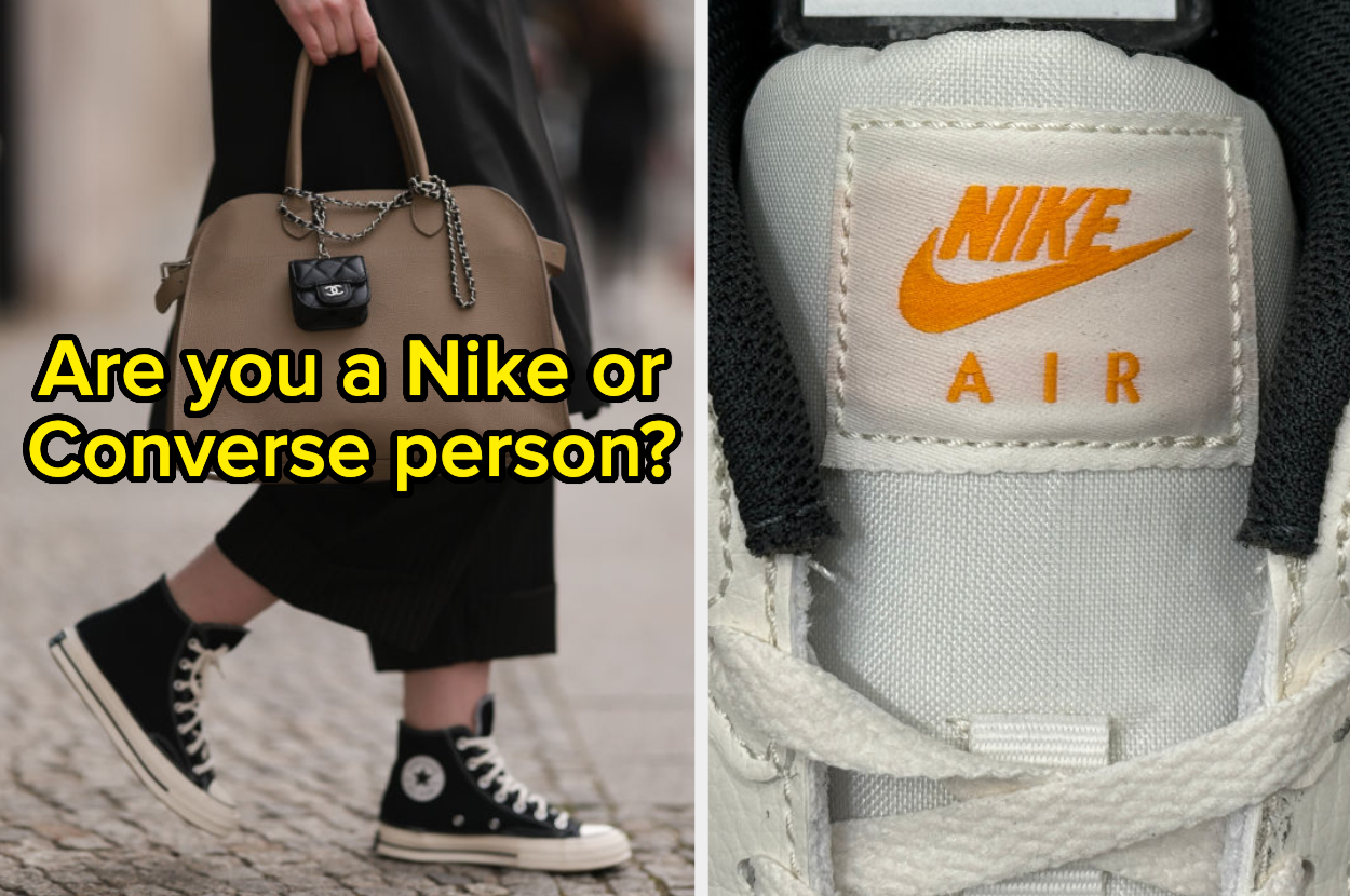 Person in streetwear style with bag and sneakers; question about preference for Nike or Converse shoes