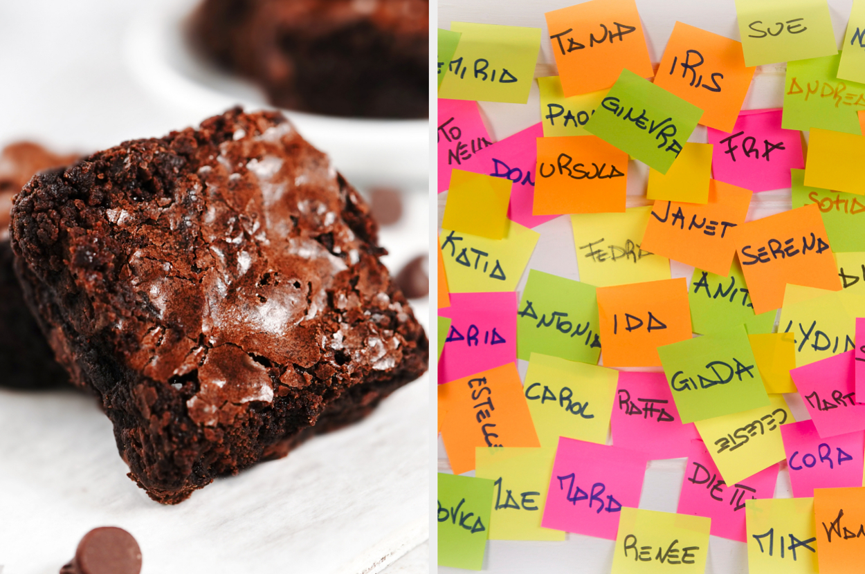 On the left, a closeup of a chocolate brownie, and on the right, a wall covered in numerous sticky notes with various handwritten names