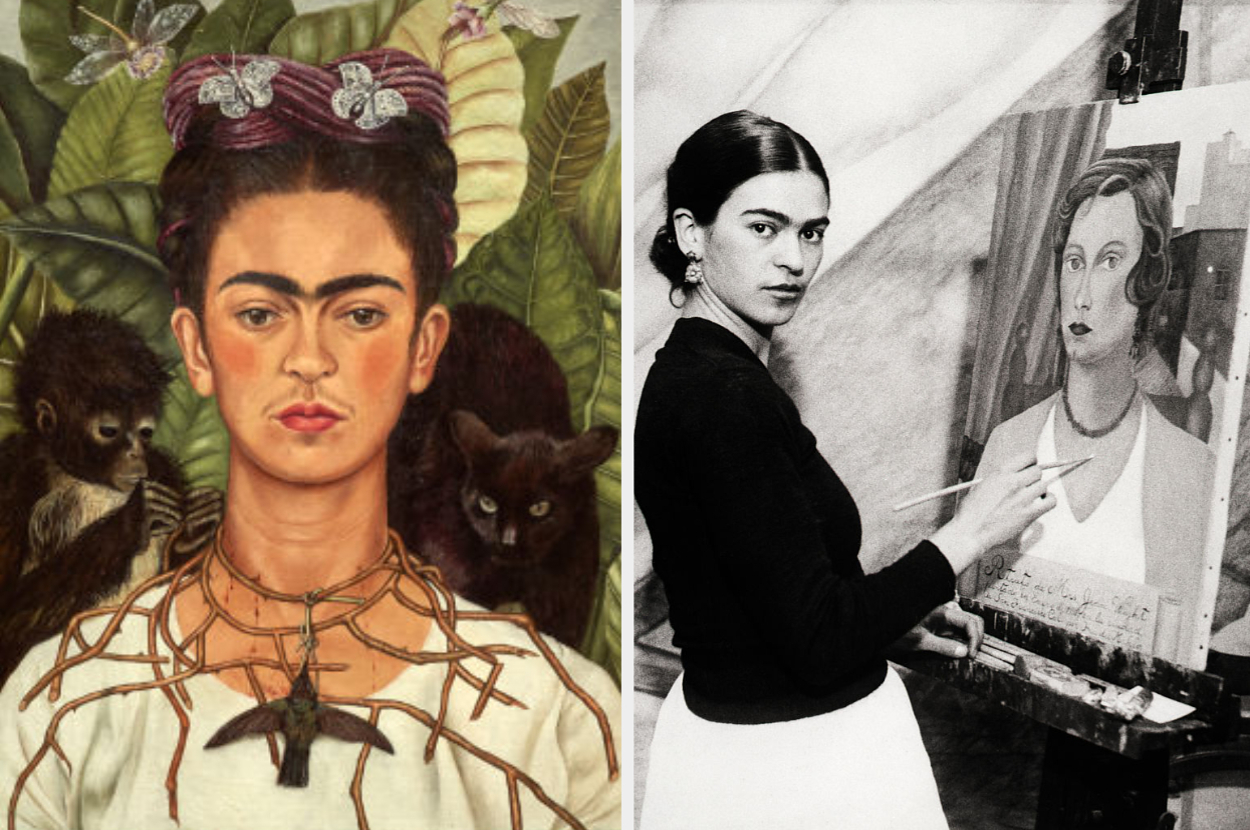 Painting of Frida Kahlo with animals and foliage; photo of Kahlo painting a portrait
