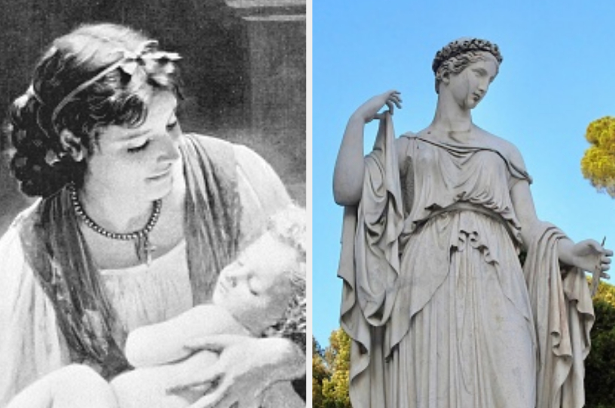 Left: Vintage photo of a woman holding a baby. Right: Statue of a classical figure with draped clothing