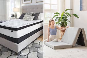 A split image of a memory foam mattress and a woman folding a portable mattress in a bright room