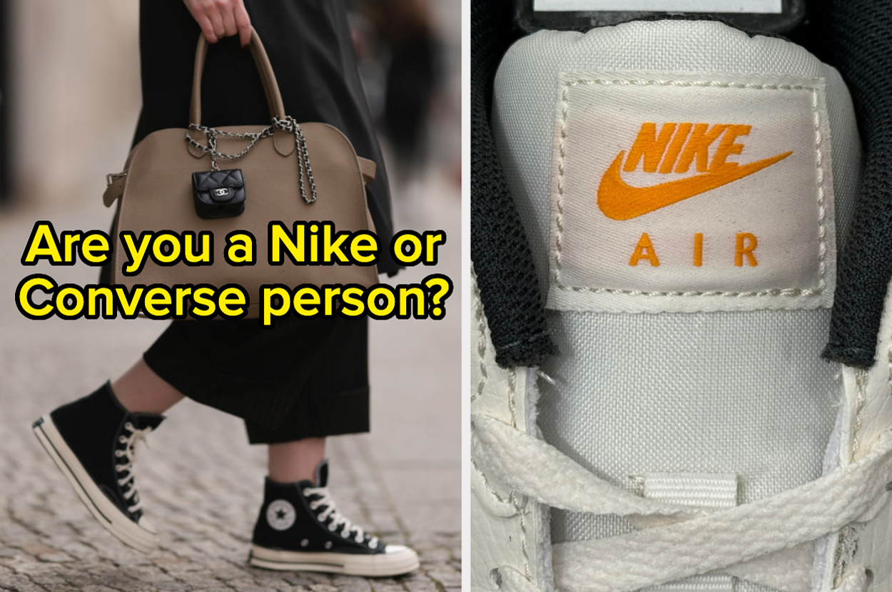 Person in streetwear style with bag and sneakers; question about preference for Nike or Converse shoes