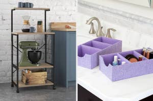 Kitchen cart with appliances and bathroom counter organizer boxes