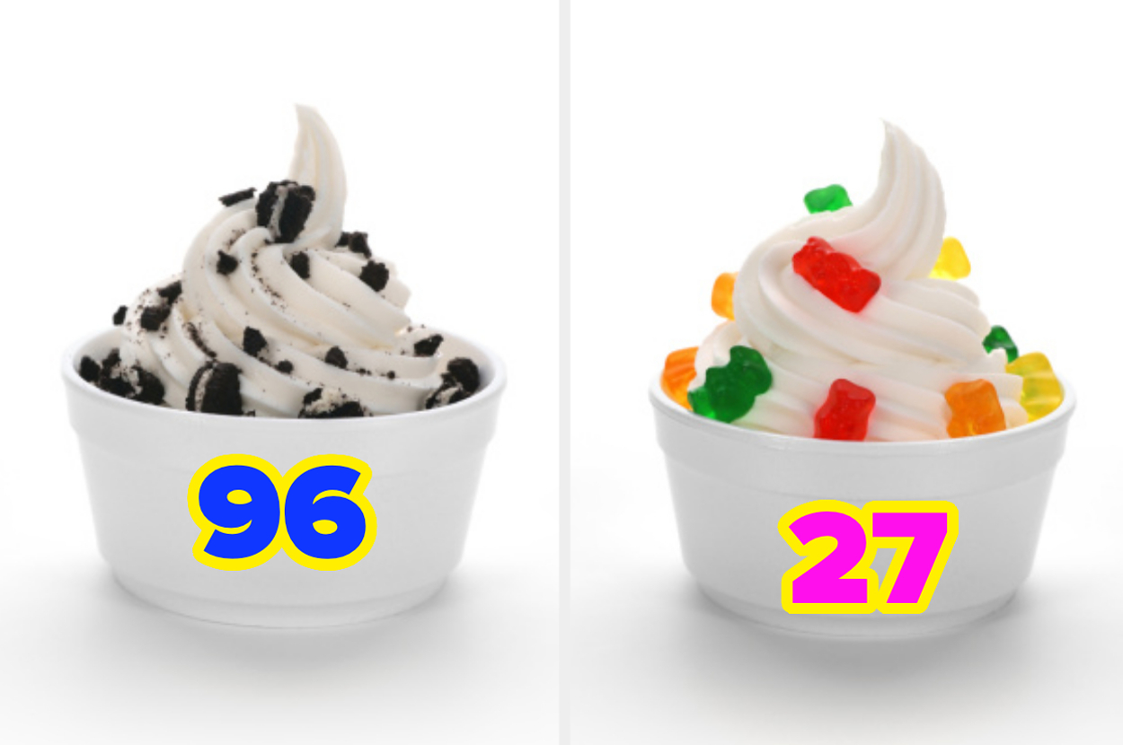 Two bowls of frozen yogurt with toppings, one with cookies, other with gummy bears, and numbers 96 and 27 displayed on them
