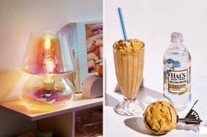Lava lamp on a nightstand next to books and a milkshake with a cookie beside a seltzer bottle