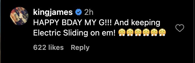 Text from a social media post by user kingjames wishing someone a happy birthday and mentioning &quot;Electric Sliding on em&quot; with emojis