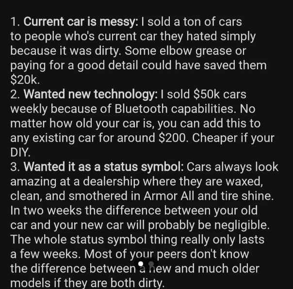 A list of excuses of why people want to buy a new car