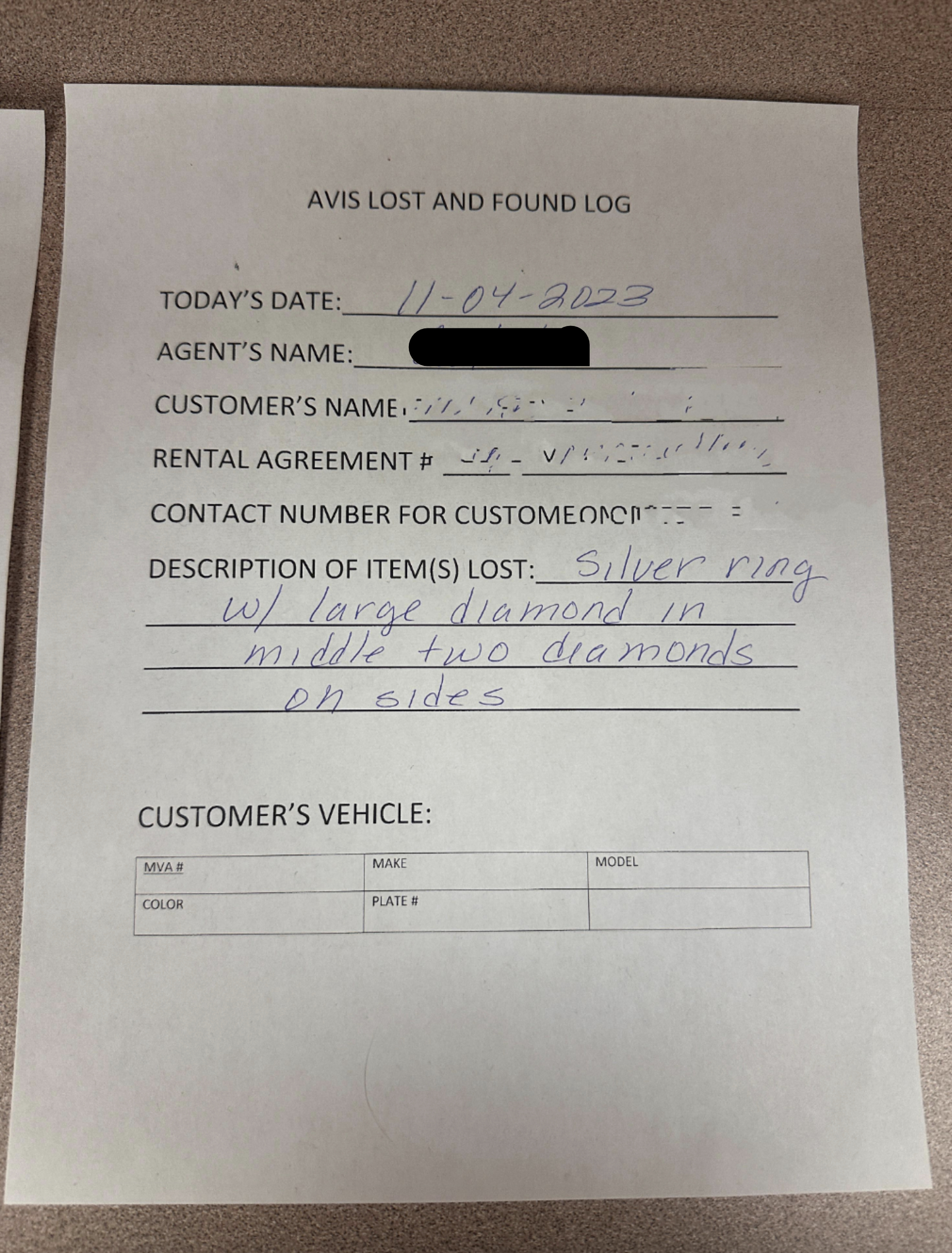 Lost and Found log with entries for date, customer name, rental agreement, and description of a large diamond with silver rings