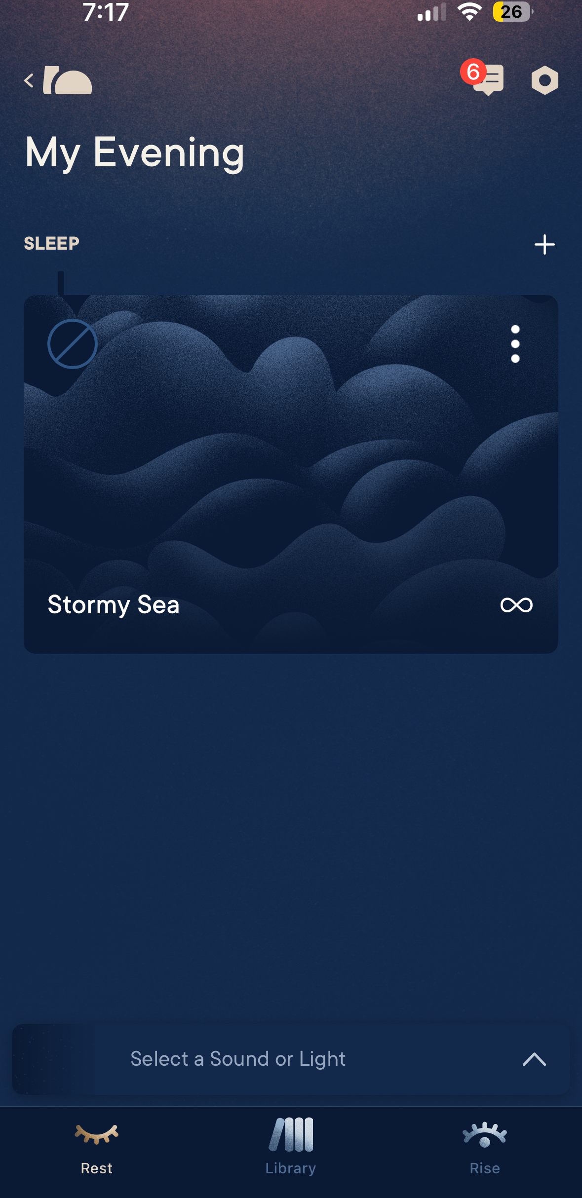 Sleep app interface with &#x27;Stormy Sea&#x27; sound option selected for a relaxing evening routine
