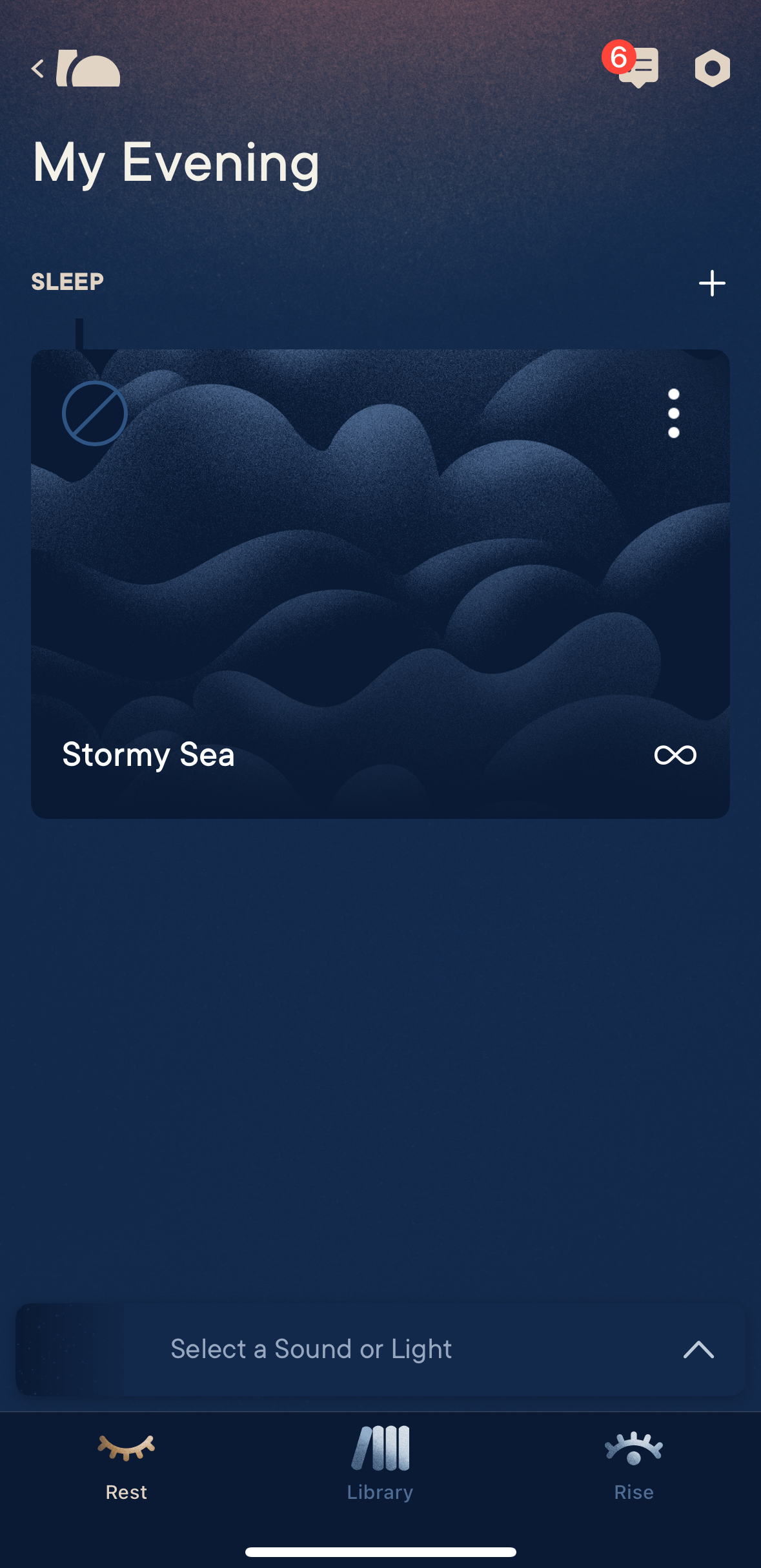 Sleep app interface with &#x27;Stormy Sea&#x27; sound option selected for a relaxing evening routine