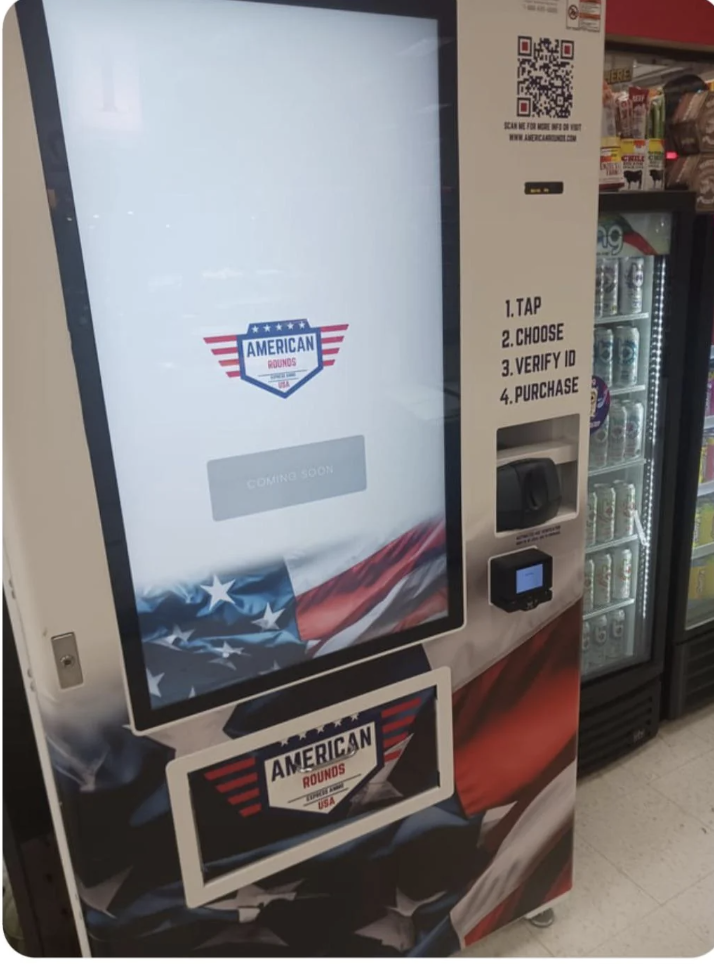 Kiosk announcing American Rounds, instructions to tap, choose, verify ID, and purchase on screen; QR code on top right