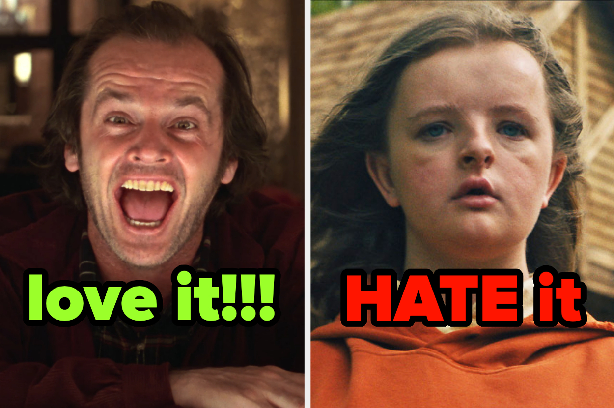 On the left, Jack Nicholson as Jack in The Shining labeled love it, and on the right, Milly Shapiro as Charlie in Hereditary labeled hate it