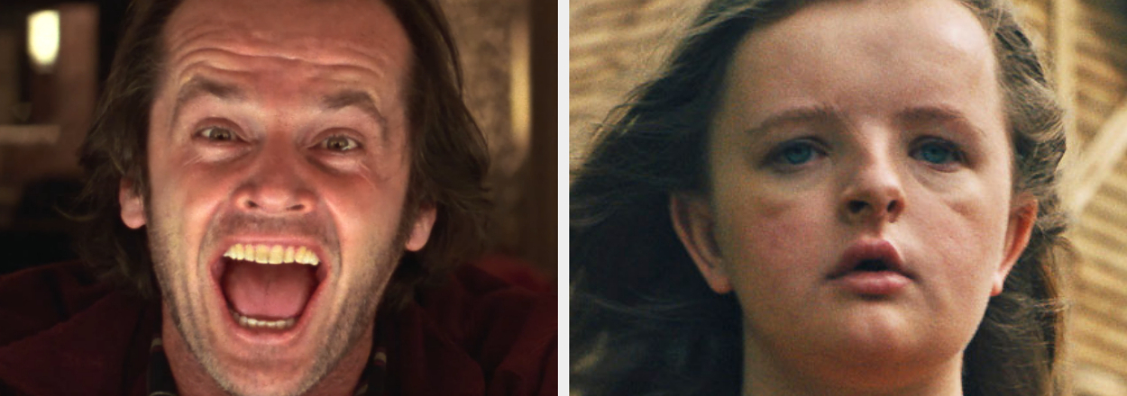 On the left, Jack Nicholson as Jack in The Shining labeled love it, and on the right, Milly Shapiro as Charlie in Hereditary labeled hate it