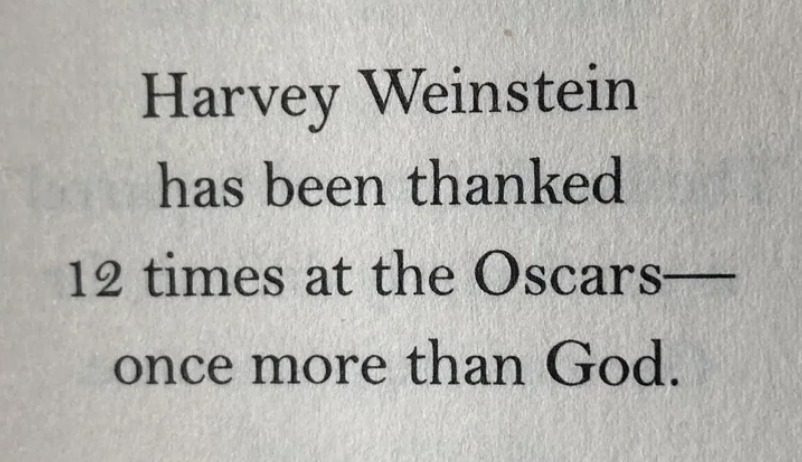 Text stating Harvey Weinstein has been thanked 12 times at the Oscars, once more than God