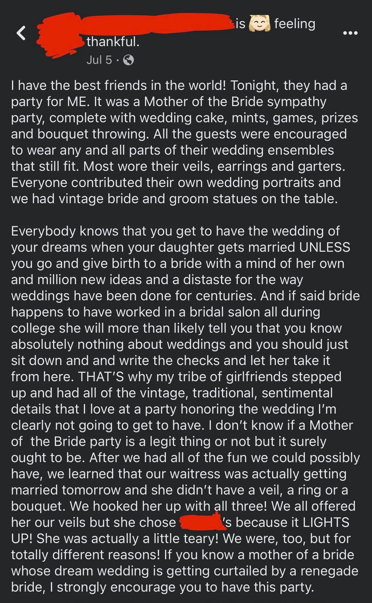 The image is a screenshot of a social media post with a text expressing gratitude for friends who threw a wedding-themed party after the author&#x27;s wedding was canceled