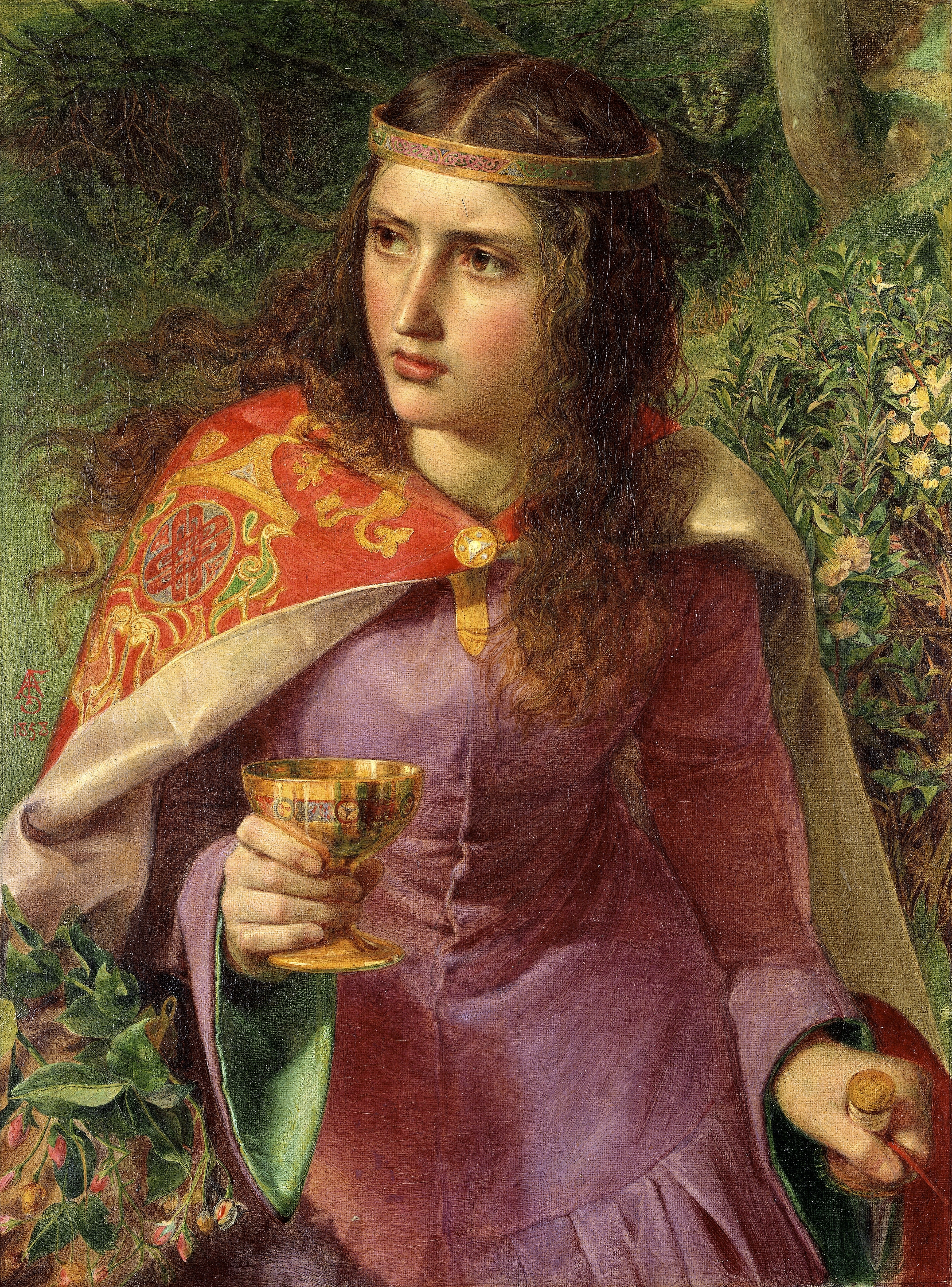 Painting of a medieval woman holding a chalice, adorned with a red robe and circlet
