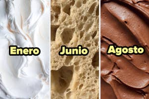 Meme con tres imágenes de texturas similares a crema batida, pan y chocolate junto a los meses Enero, Junio y Agosto