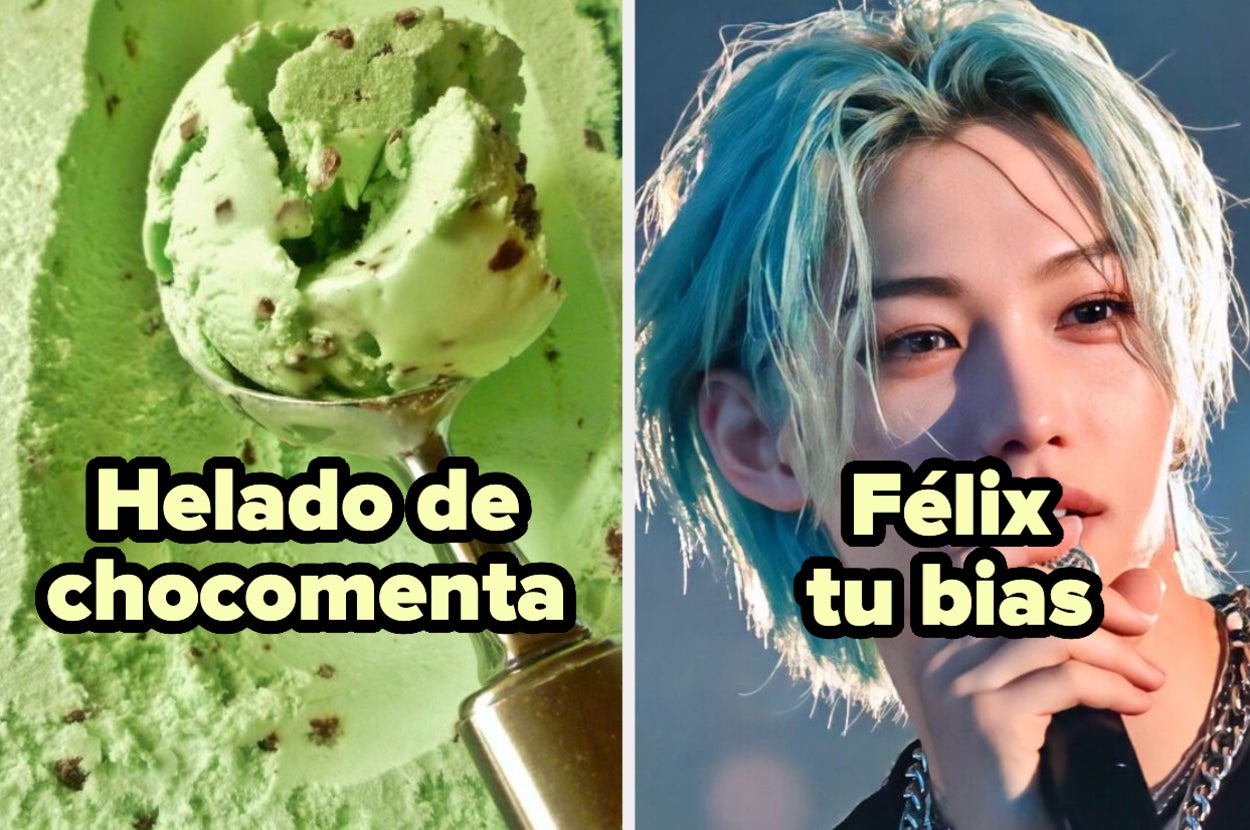 Helado de chocomenta a la izquierda; a la derecha, una persona sujetando un micrófono con texto "Félix tu bias"
