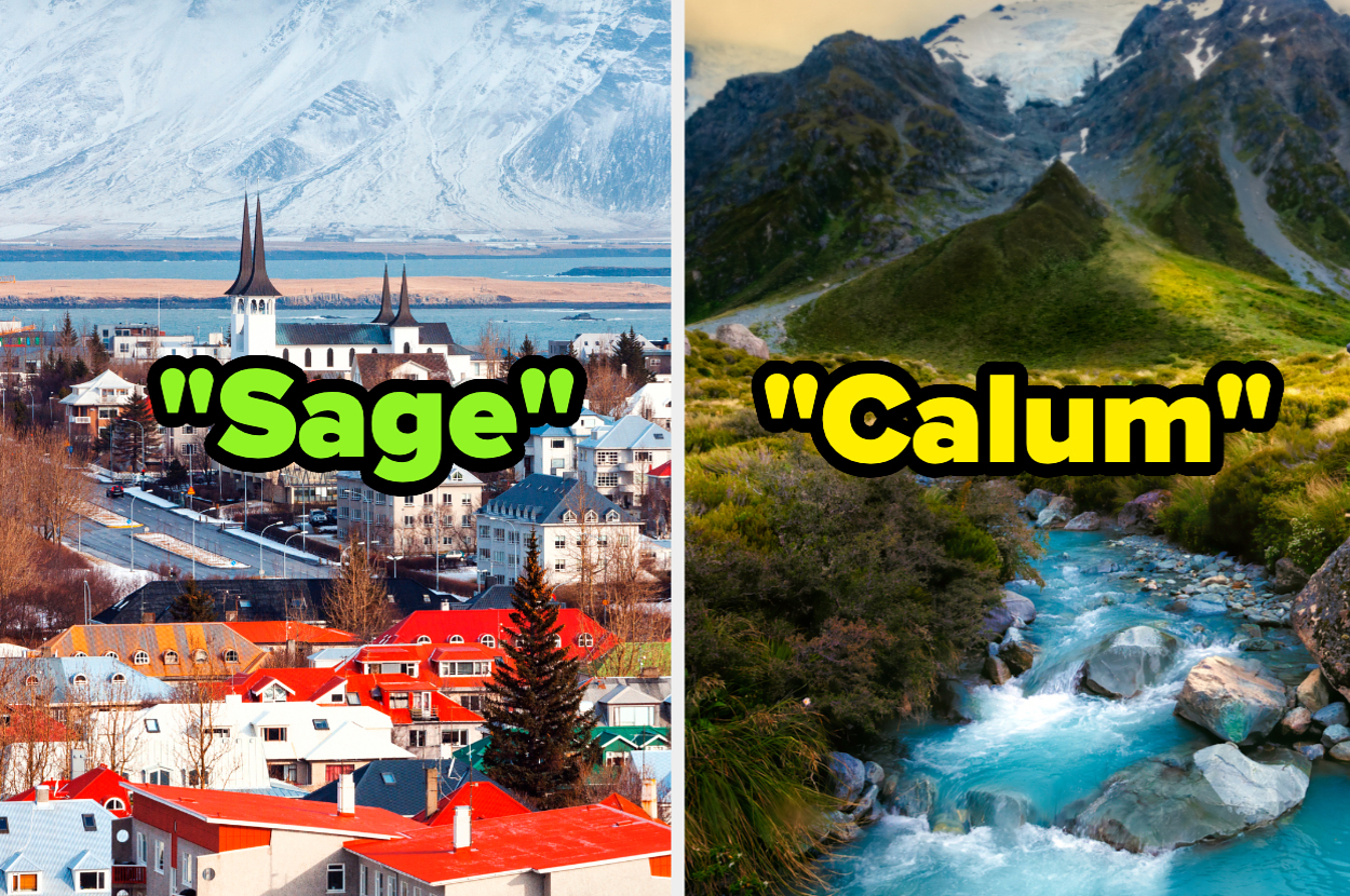 Two scenic images with text: Left shows a town with mountains, labeled "Sage"; right shows a river through mountains, labeled "Calum"