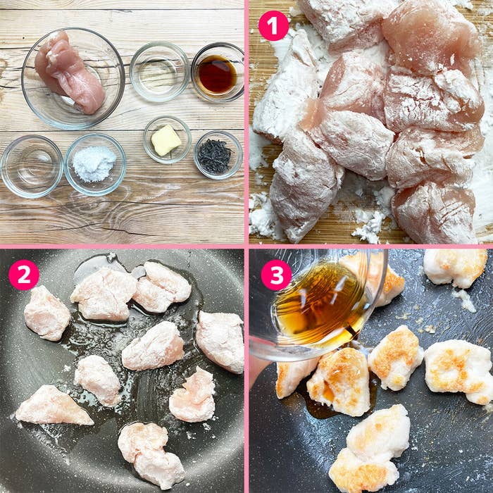 料理の手順を示す4枚の画像。1は鶏肉に小麦粉をまぶす様子、2はフライパンで鶏肉を焼いている、3は焼いた鶏肉に調味料をかける。