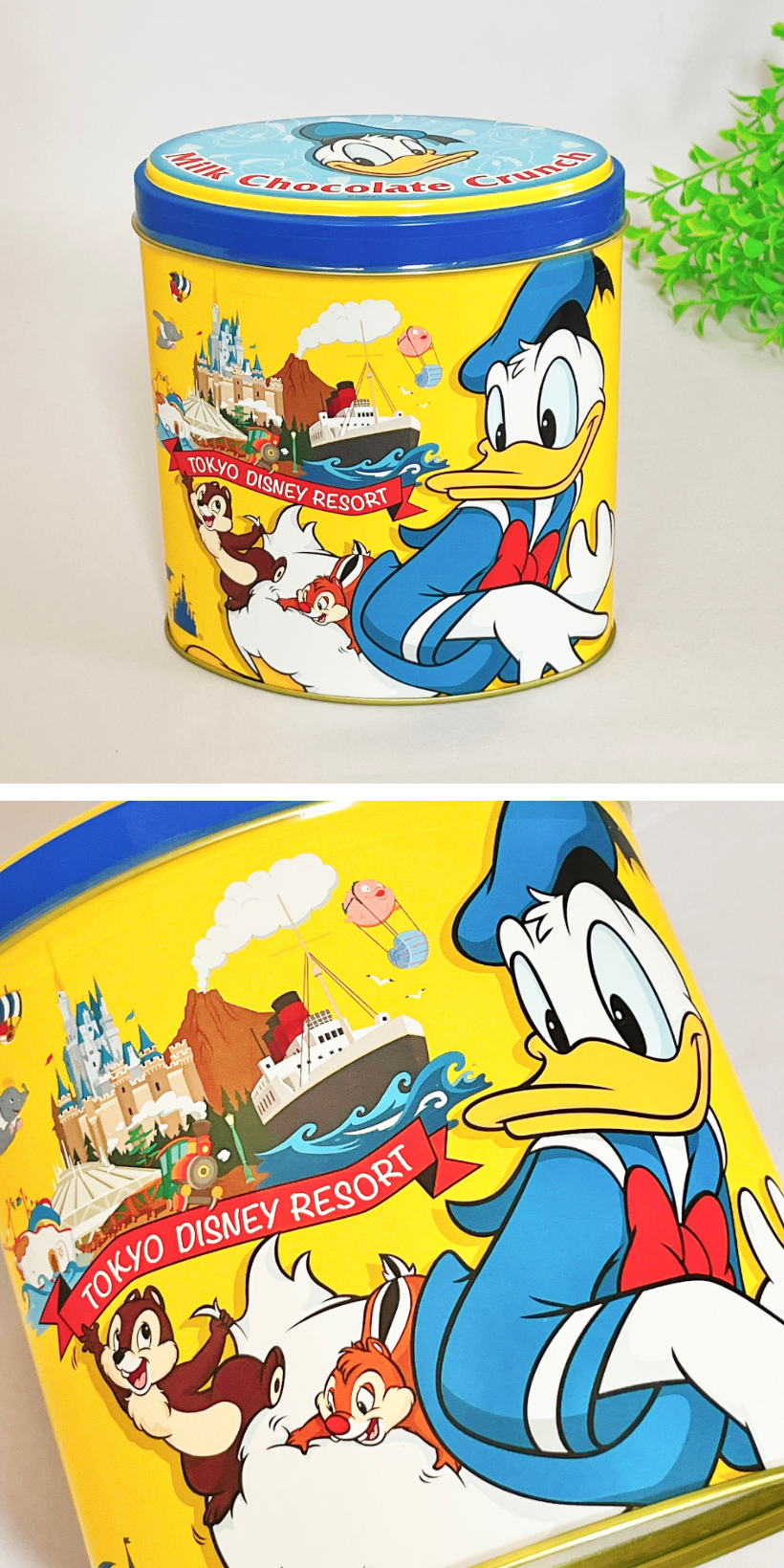 東京ディズニーランドのおすすめお土産「チョコレートクランチ 缶 ドナルド チップ&デール」