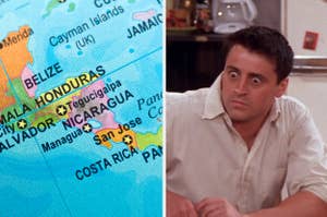 Map showing Central America and a still of Joey from Friends looking confused
