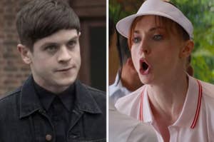 Split-screen of two TV characters, a man in a jacket and a woman in a nurse's outfit, appearing in drama scenes