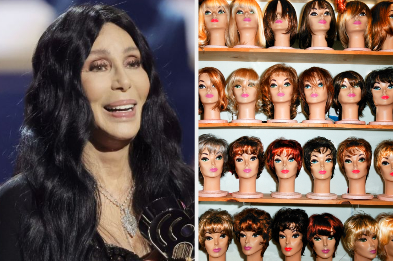 Cher in a sparkling outfit; mannequin heads with various wigs on shelves