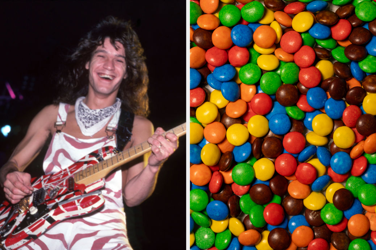 Left: Musician with striped guitar and bandana. Right: Close-up of multicolored candies