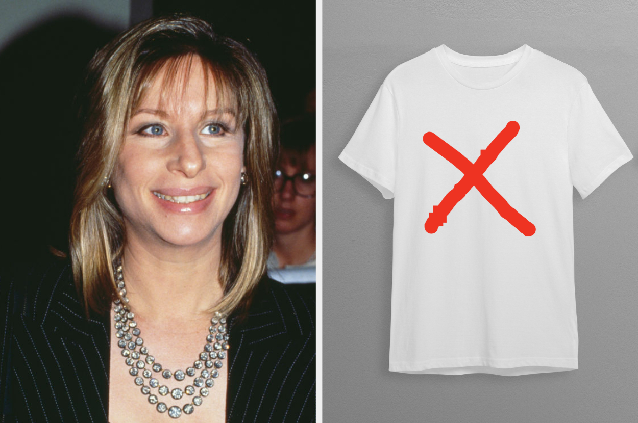Left: Portrait of Barbra Streisand smiling in a blazer. Right: White T-shirt with red cross mark