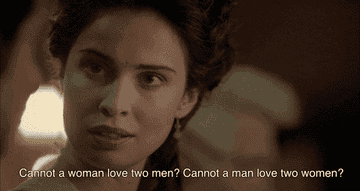 Scene from a TV show featuring a woman speaking, with subtitles about love