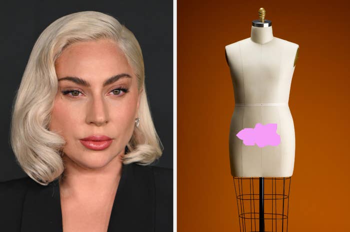 Lady Gaga, platinum blonde hair styled to the side, wearing makeup; alongside a mannequin displaying a high-waisted skirt