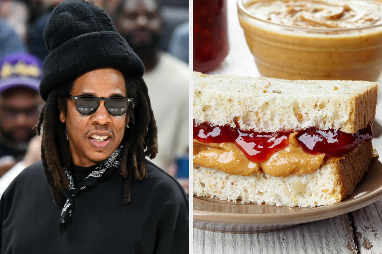 Man in knit cap and sunglasses on the left; peanut butter and jelly sandwich on the right