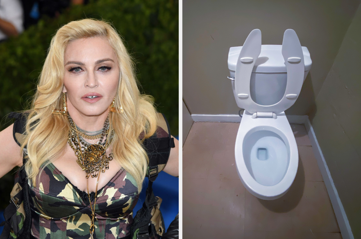 Madonna wearing elaborate jewelry and a camo-patterned outfit; a toilet with the seat up in a clean bathroom