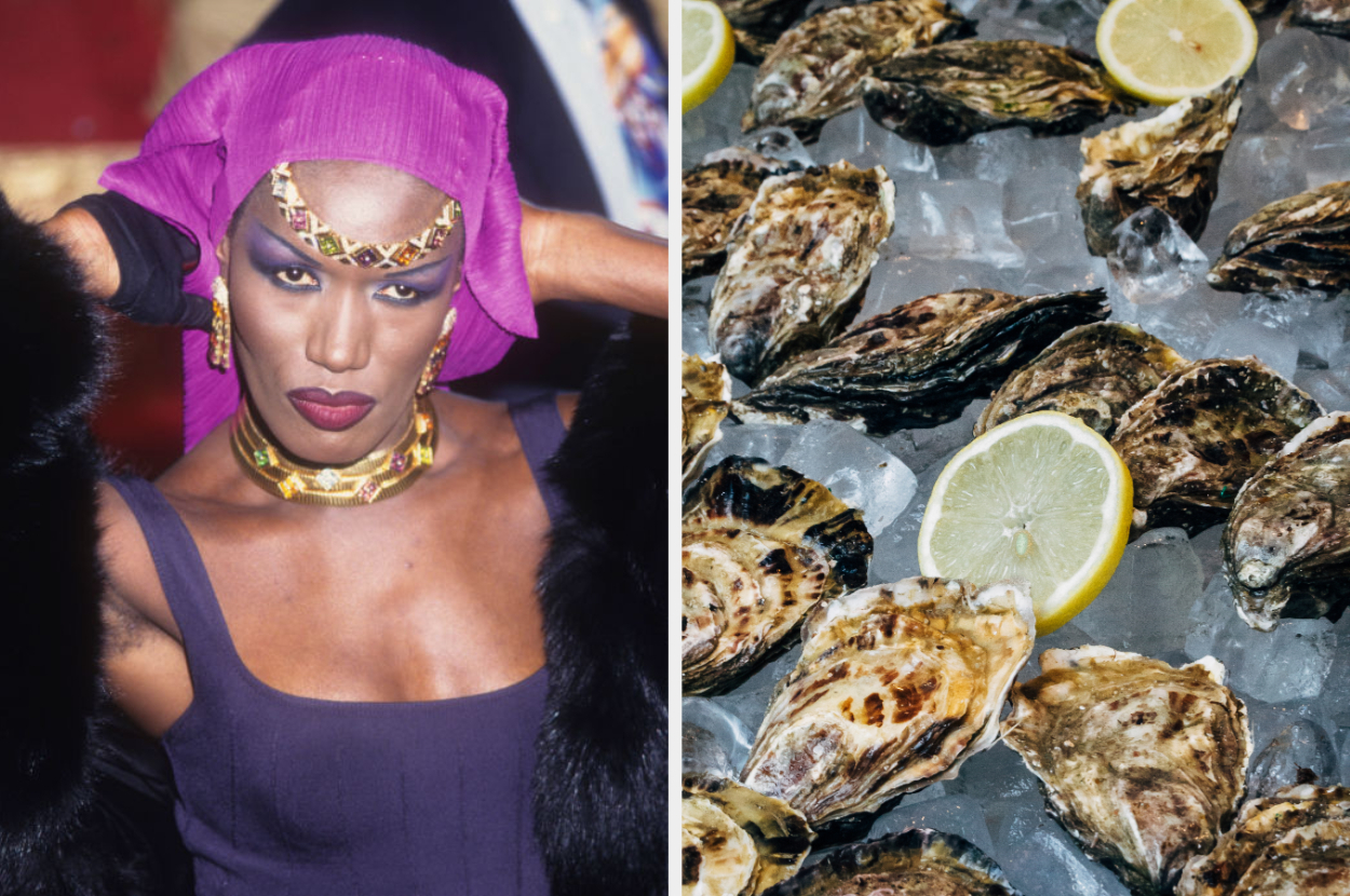 Grace Jones in a purple headwrap and top, gold accessories. Right: Oysters on ice with lemon slices