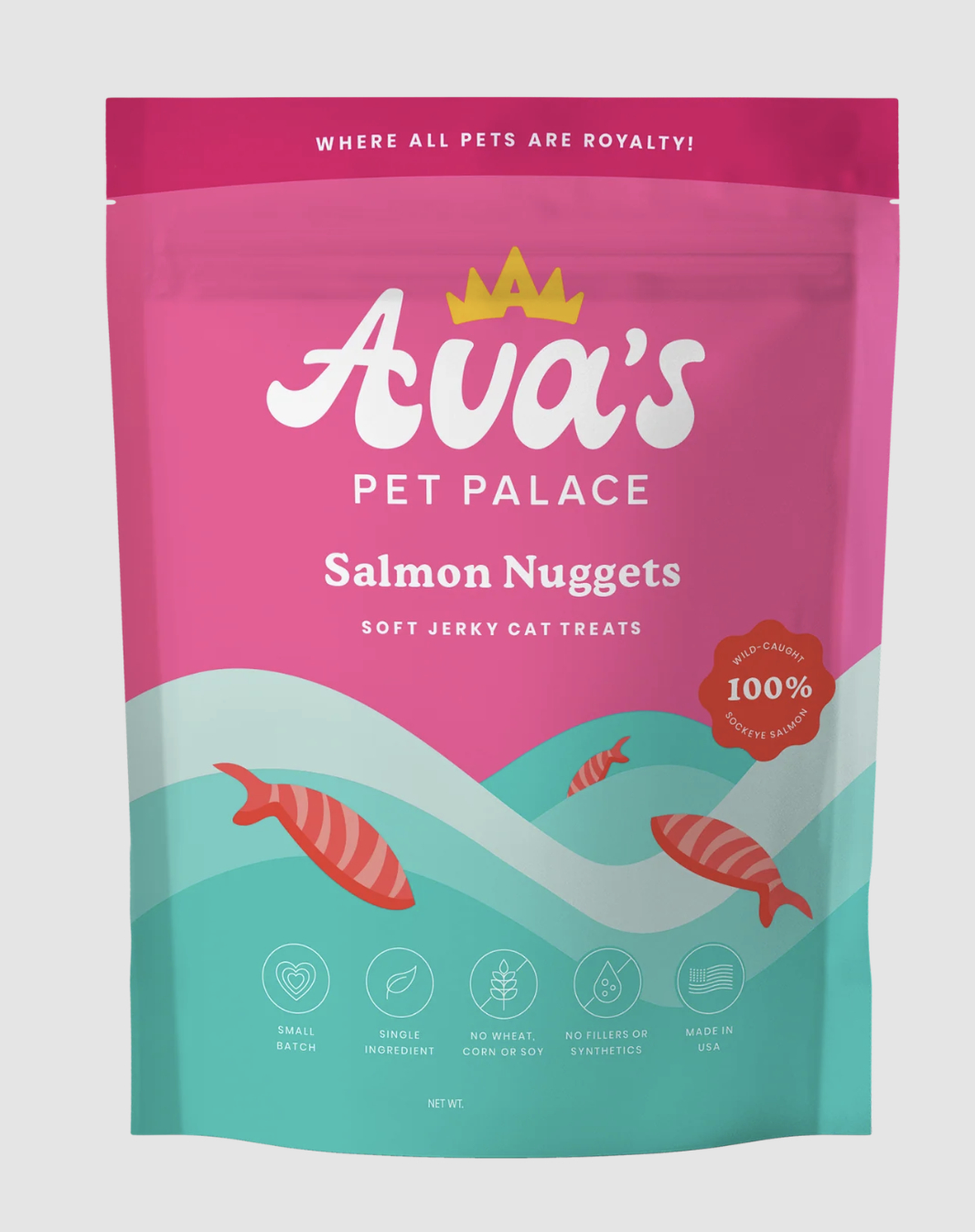 Package of Ava&#x27;s Pet Palace Salmon Nuggets, soft jerky cat treats with ingredient icons on a pink and teal design