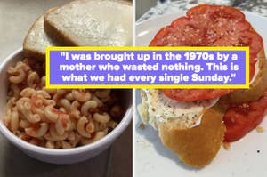 Two plates of food with overlaid text summarizing a 1970s frugal childhood meal tradition
