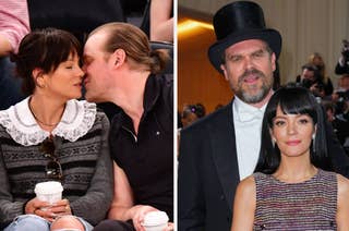 Two side-by-side photos: On the left, a couple sharing a kiss. On the right, a man in a top hat and a woman in a striped dress