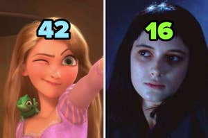 Rapunzel smirking with Pascal, and Wednesday Addams looking somber. Numbers "42" and "16" overlay their images