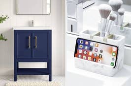 A bathroom vanity cabinet next to a cosmetic organizer with an iPhone displaying shopping apps