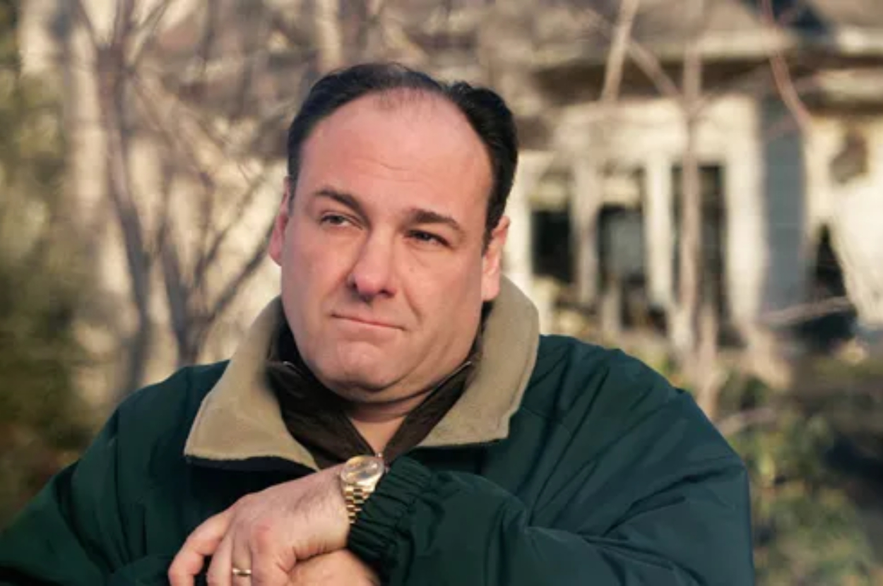 Tony Soprano sits outside, looking pensive, in a casual jacket with a house in the background