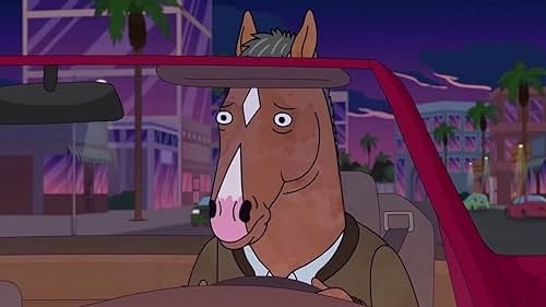 Animated character BoJack Horseman driving a red convertible car in a cartoon scene