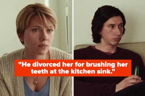 Two scenes from 'Marriage Story' showing emotional expressions of characters Nicole and Charlie with a quote about divorce