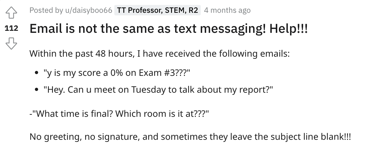 The image shows a screenshot of a social media post discussing confusing emails a professor received from students
