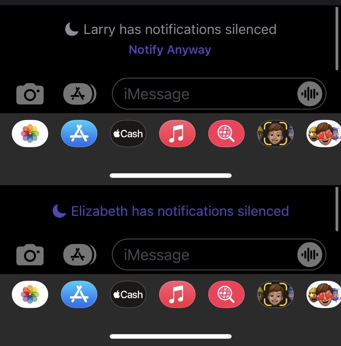 Screen showing silenced notification alerts for contacts &#x27;Larry&#x27; and &#x27;Elizabeth&#x27; with various app icons