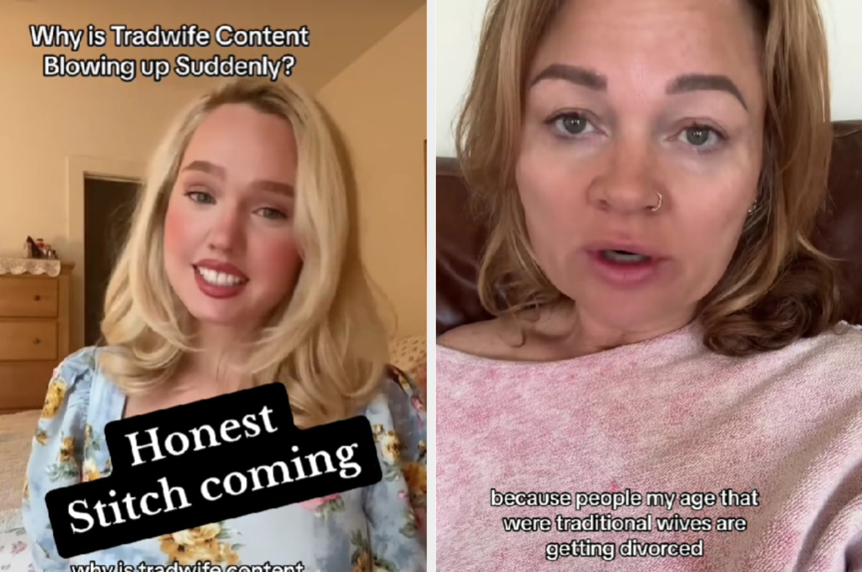 Split screen with two women discussing the rise of &#x27;Tradwife&#x27; content and its impacts