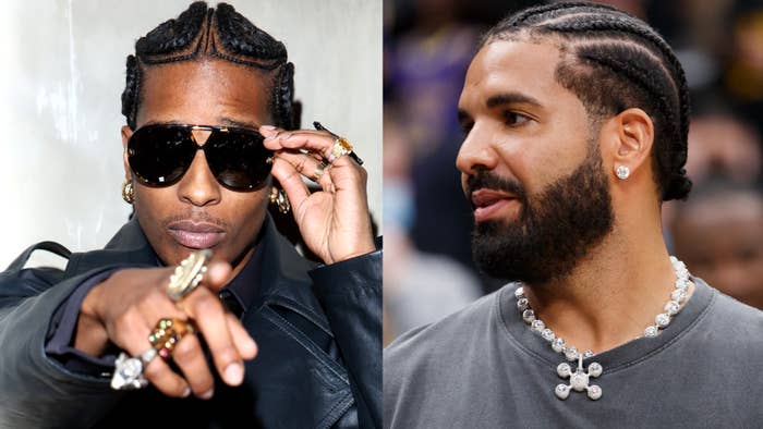 ASAP Rocky with braids and sunglasses on the left; Drake with cornrows, earring, and necklace on the right