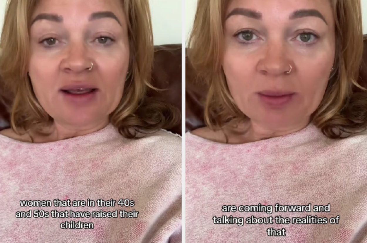 Woman speaks in a video; captions discuss women in their 40s and 50s and realities of parenting
