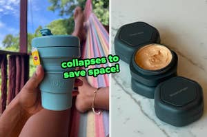 reviewer holding blue collapsible coffee cup / three magnetic Cadence containers with labels